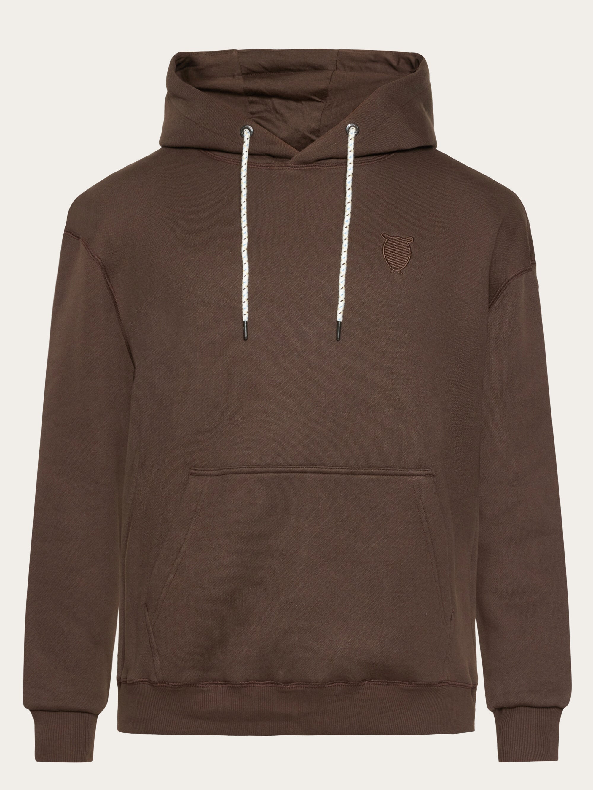 Buy Loose fit hood kangaroo pocket sweat with embroidery at chest Demitasse brown from KnowledgeCotton Apparel