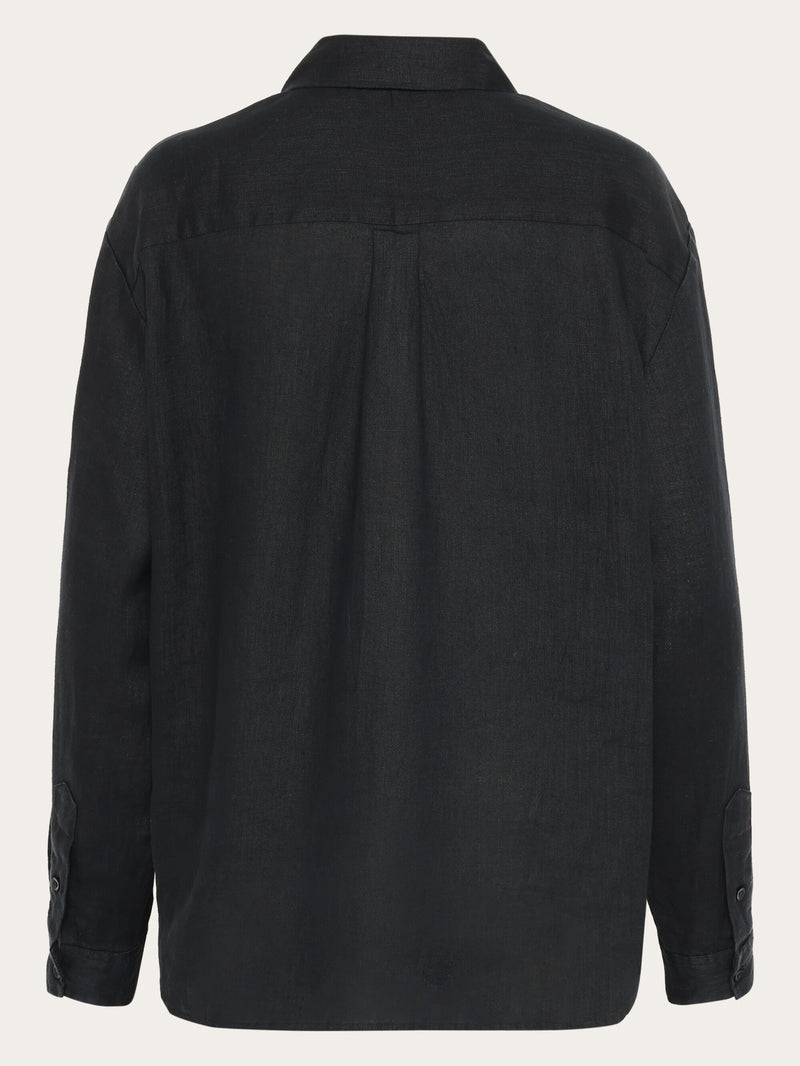 KnowledgeCotton Apparel - WMN Loose linen long sleeved shirt - GOTS/Vegan Shirts 1300 Black Jet