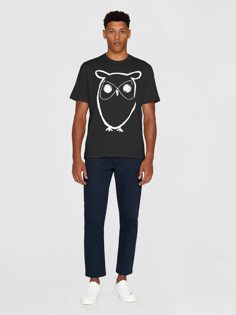 KnowledgeCotton Apparel - MEN Regular big owl front print t-shirt - Regenerative Organic Certified™ - GOTS T-shirts 1300 Black Jet