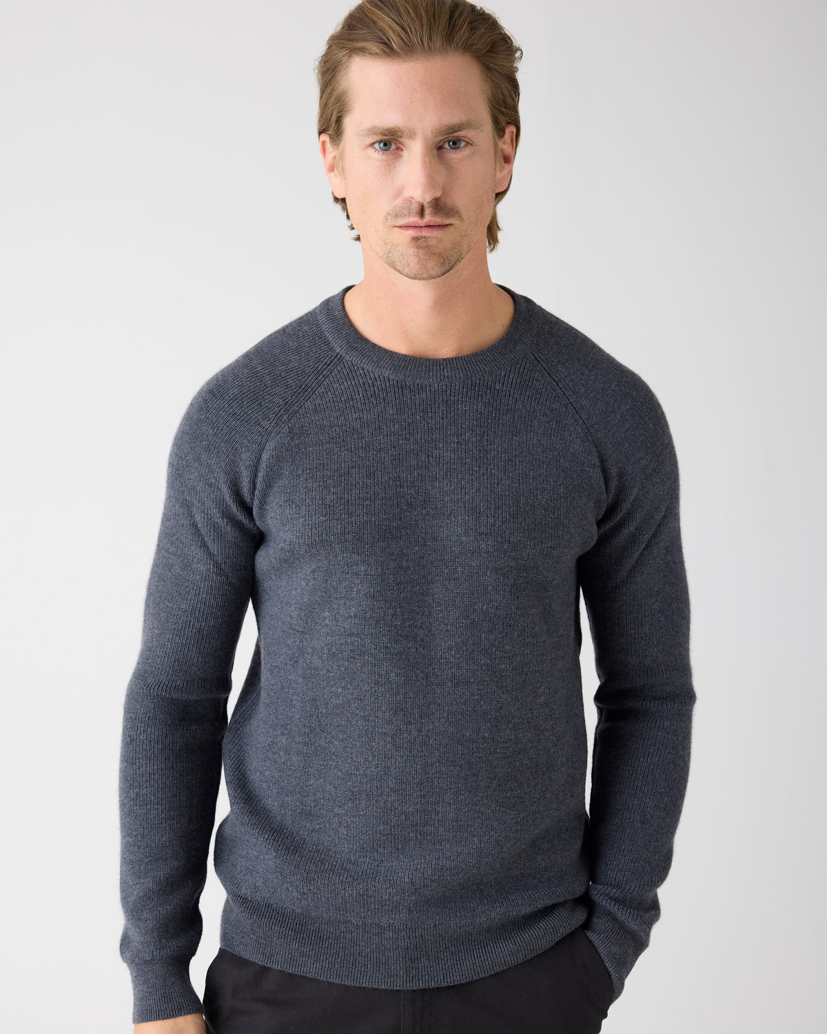 O-neck merino wool rib knit - Dark Grey Melange