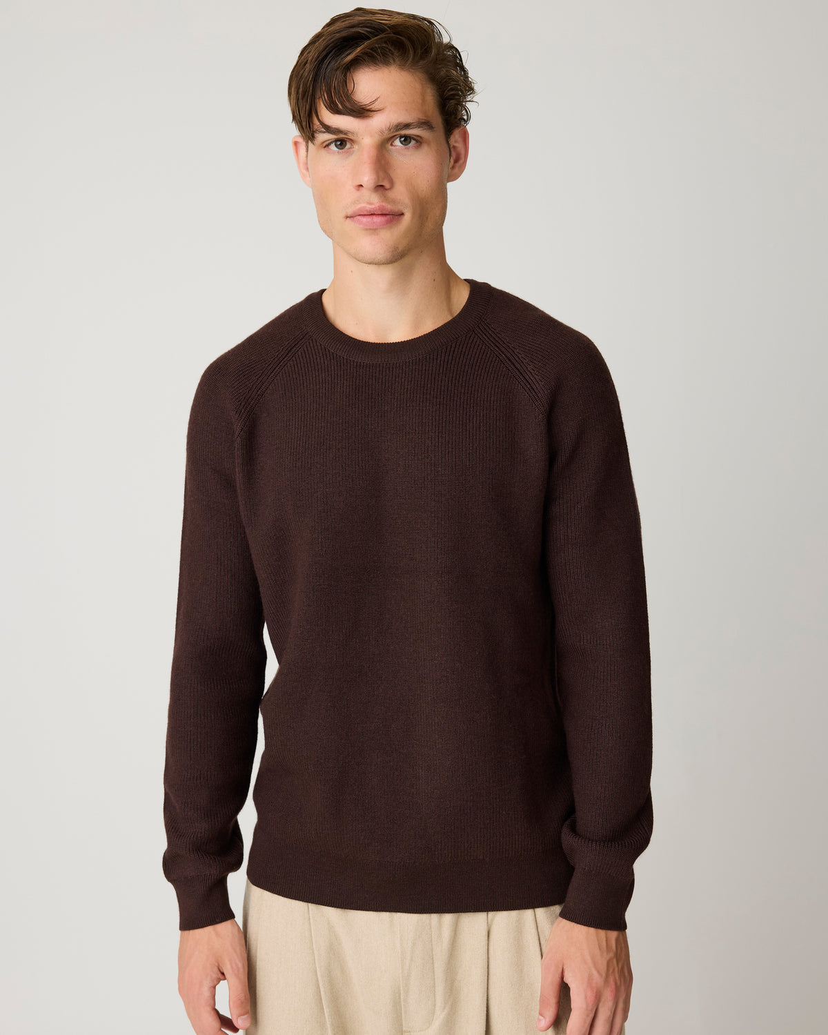 O-neck merino wool rib knit - Chocolate Torte