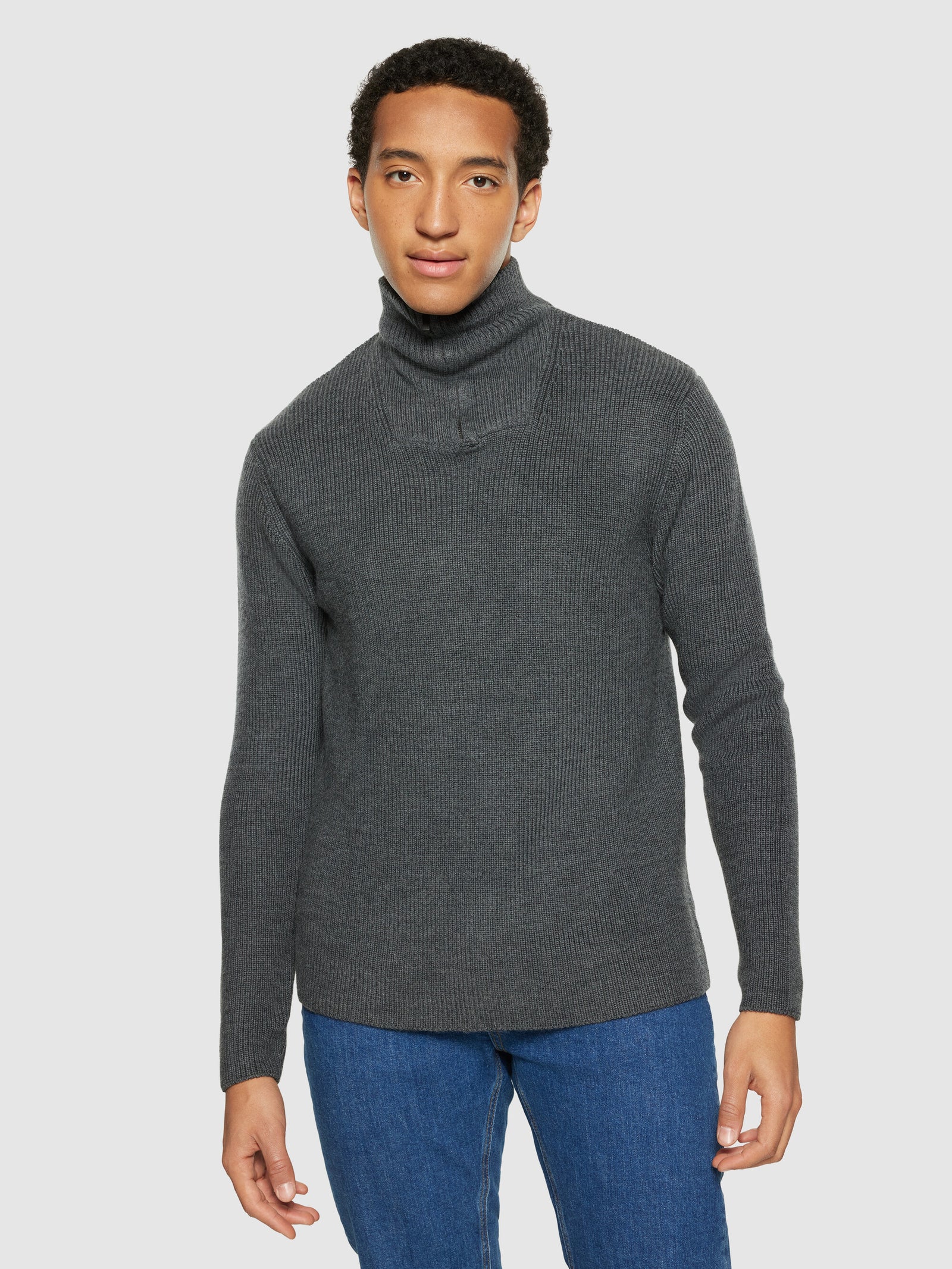 1/2 neck zip merino wool rib knit - Dark Grey Melange