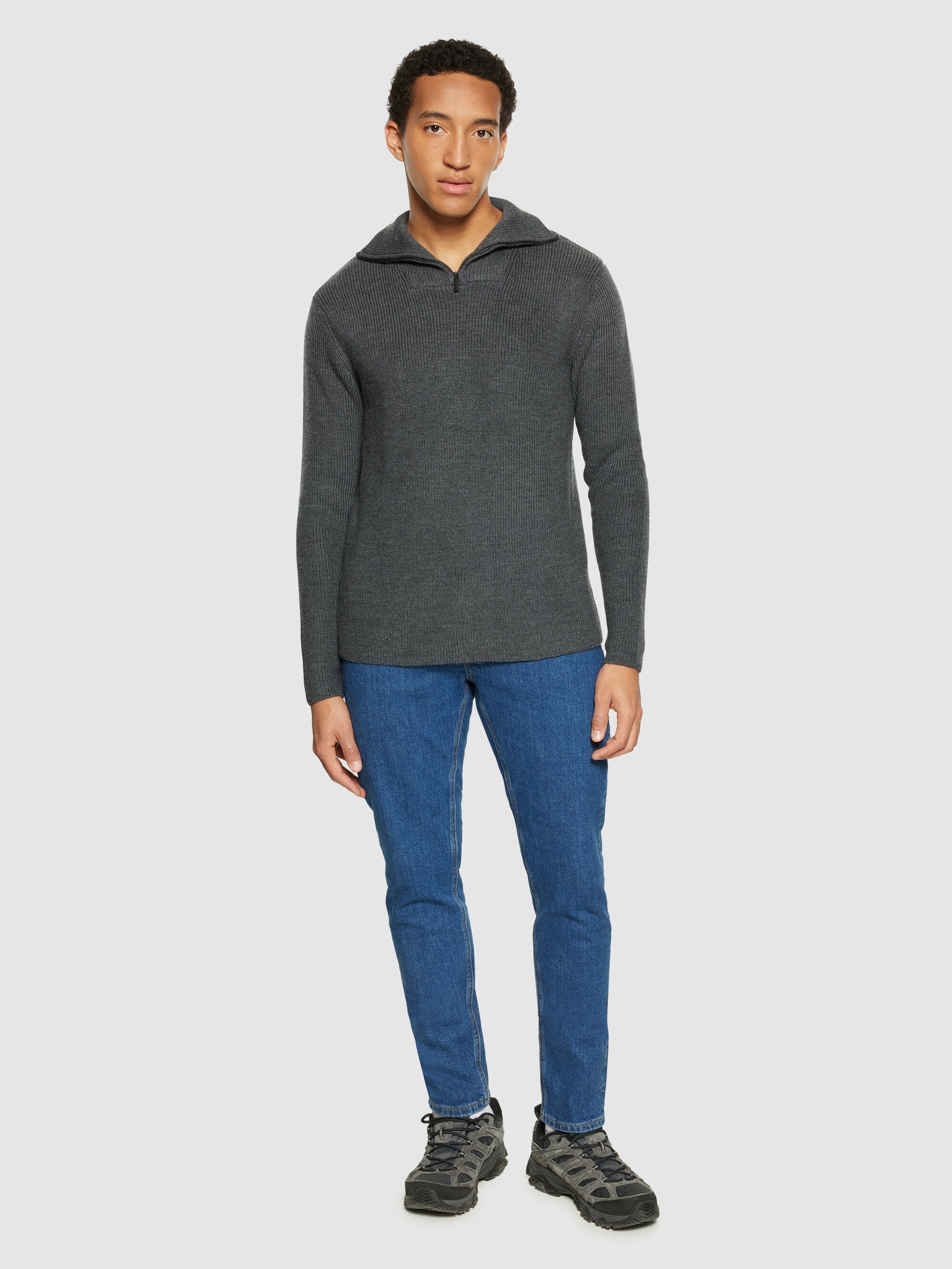 1/2 neck zip merino wool rib knit - Dark Grey Melange