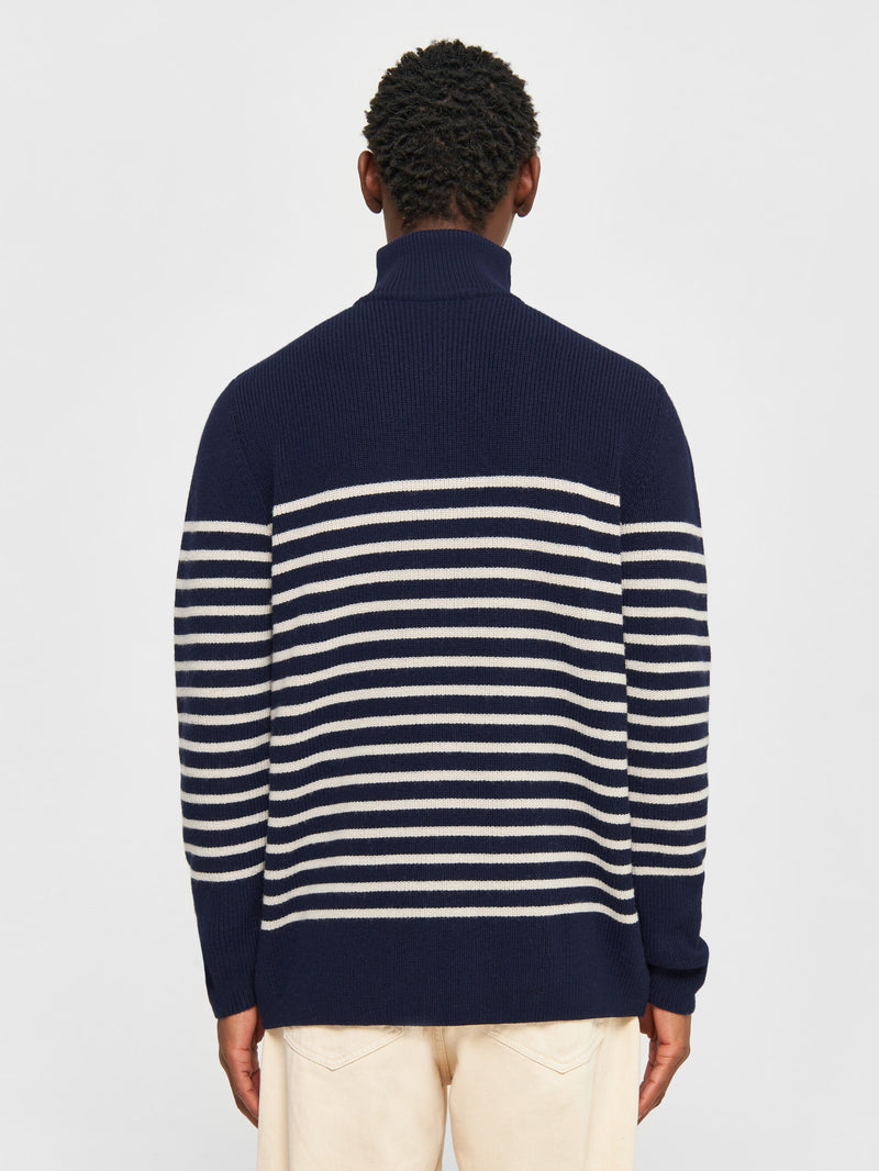 KnowledgeCotton Apparel - MEN 1/2 neck zip merino wool rib knit Knits 8021 Blue stripe