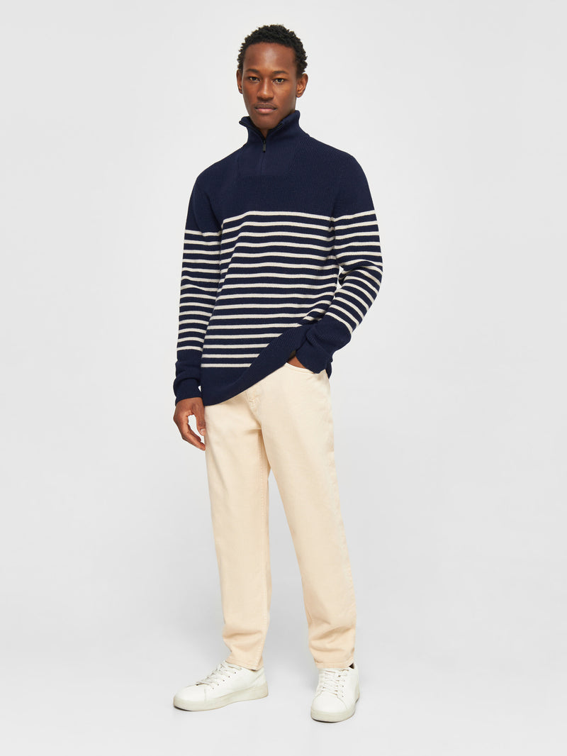 KnowledgeCotton Apparel - MEN 1/2 neck zip merino wool rib knit Knits 8021 Blue stripe