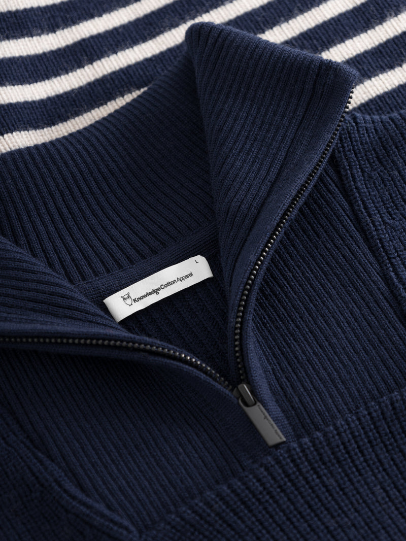 KnowledgeCotton Apparel - MEN 1/2 neck zip merino wool rib knit Knits 8021 Blue stripe