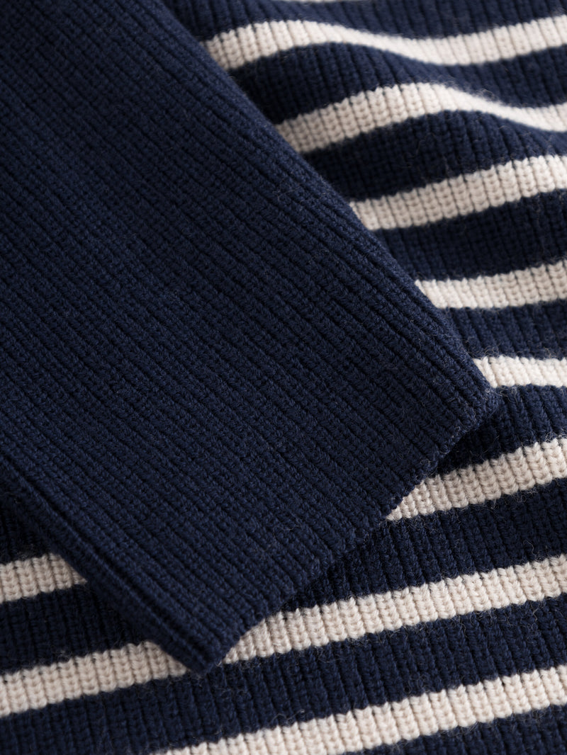 KnowledgeCotton Apparel - MEN 1/2 neck zip merino wool rib knit Knits 8021 Blue stripe