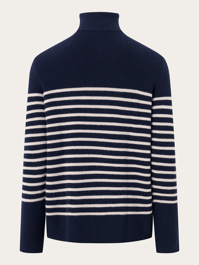 KnowledgeCotton Apparel - MEN 1/2 neck zip merino wool rib knit Knits 8021 Blue stripe