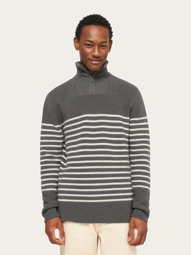 Buy 1 2 neck zip merino wool rib knit Grey stripe from KnowledgeCotton Apparel