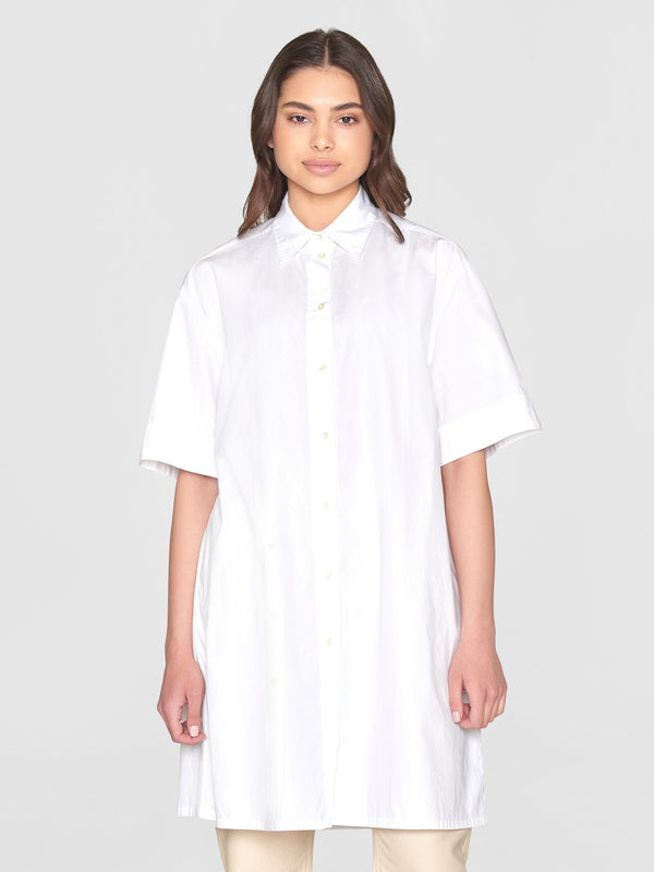 KnowledgeCotton Apparel - WMN A-shape short sleeved poplin shirt dress - GOTS/Vegan Dresses 1010 Bright White