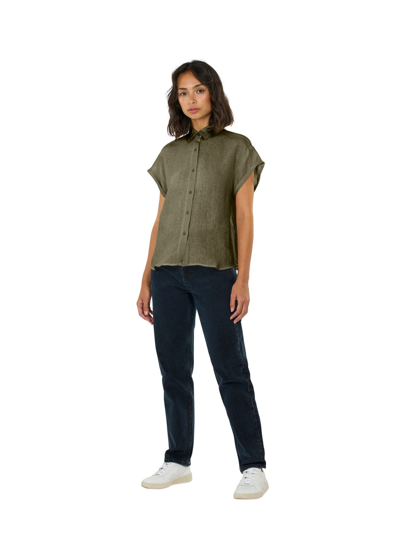 KnowledgeCotton Apparel - WMN ASTER fold up short sleeve linen shirt Shirts 1068 Burned Olive