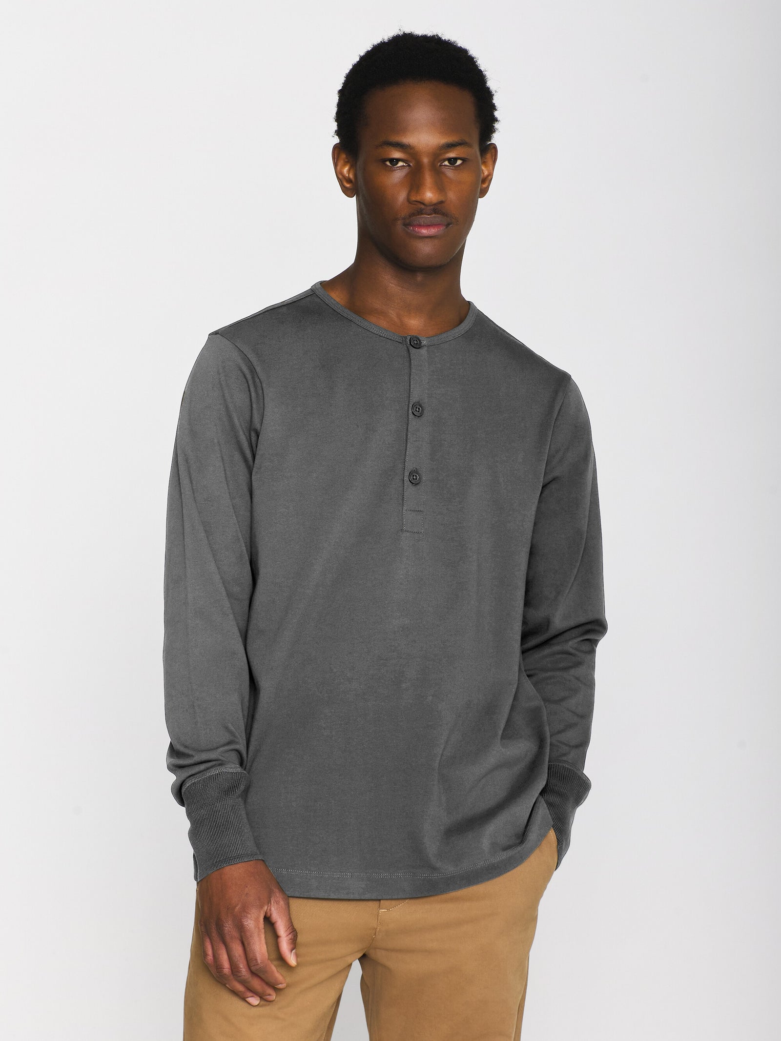 Buy BO long sleeve henley Regenerative Organic Certified GOTS Vegan Dark Grey Melange from KnowledgeCotton Apparel