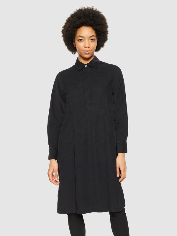 KnowledgeCotton Apparel - WMN Baby corduroy mid length shirt dress - GOTS/Vegan Dresses 1300 Black Jet