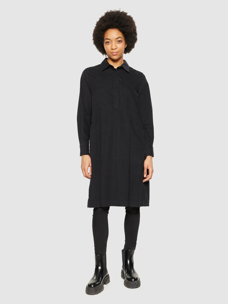 KnowledgeCotton Apparel - WMN Baby corduroy mid length shirt dress - GOTS/Vegan Dresses 1300 Black Jet