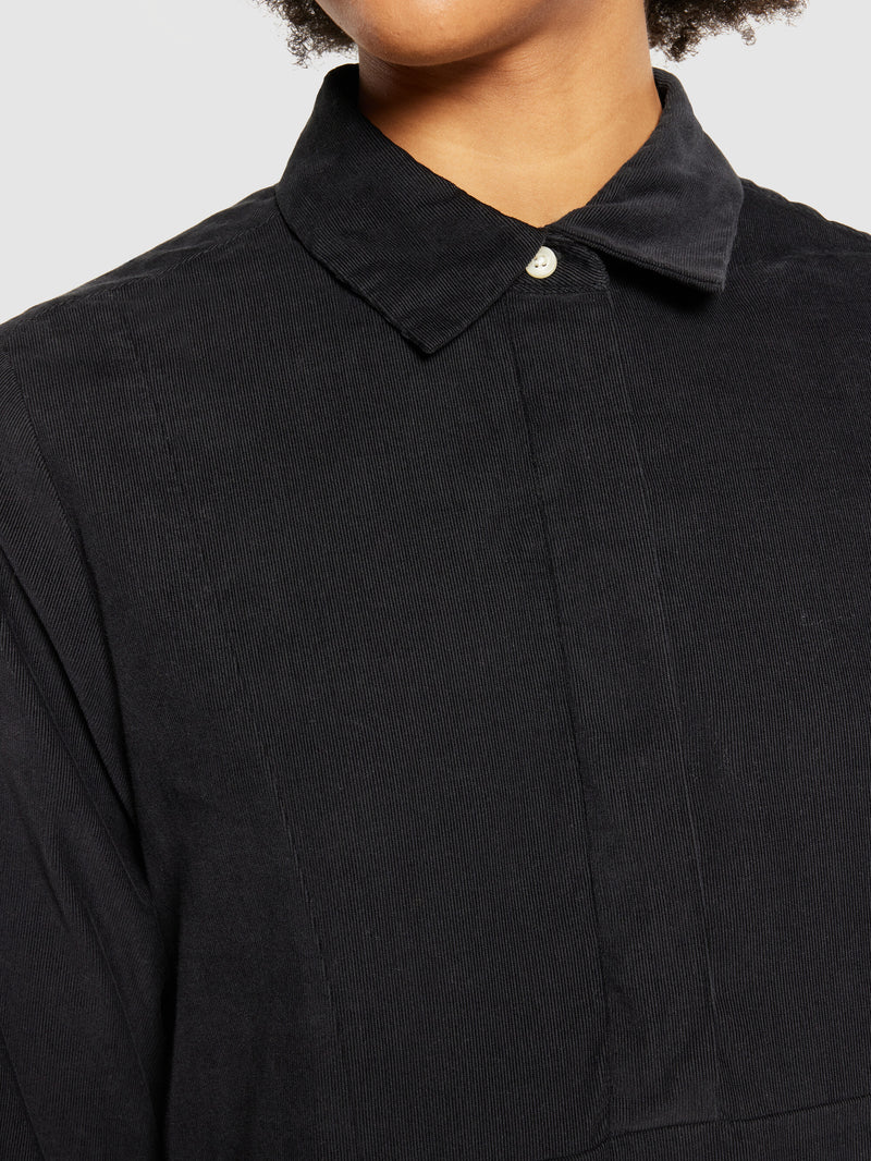 KnowledgeCotton Apparel - WMN Baby corduroy mid length shirt dress - GOTS/Vegan Dresses 1300 Black Jet