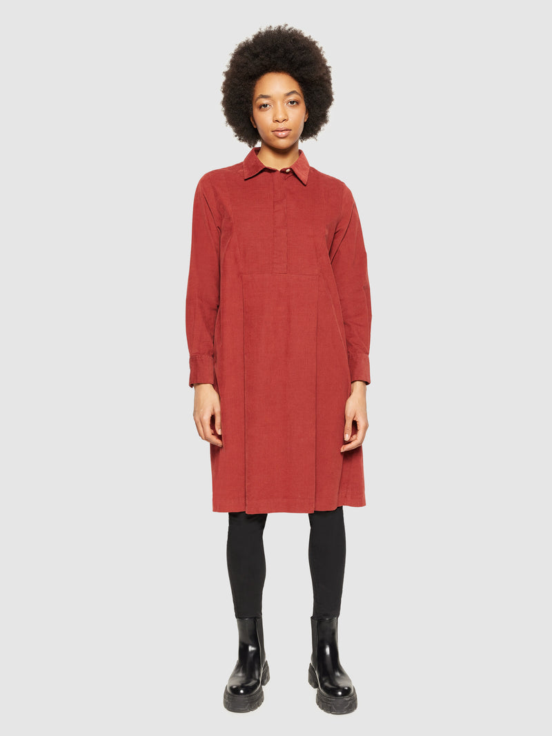 KnowledgeCotton Apparel - WMN Baby corduroy mid length shirt dress - GOTS/Vegan Dresses 1478 Fired Brick