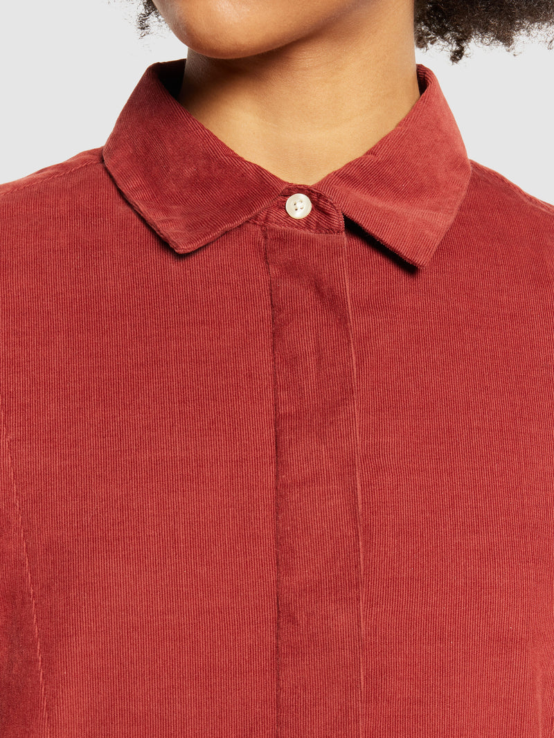 KnowledgeCotton Apparel - WMN Baby corduroy mid length shirt dress - GOTS/Vegan Dresses 1478 Fired Brick