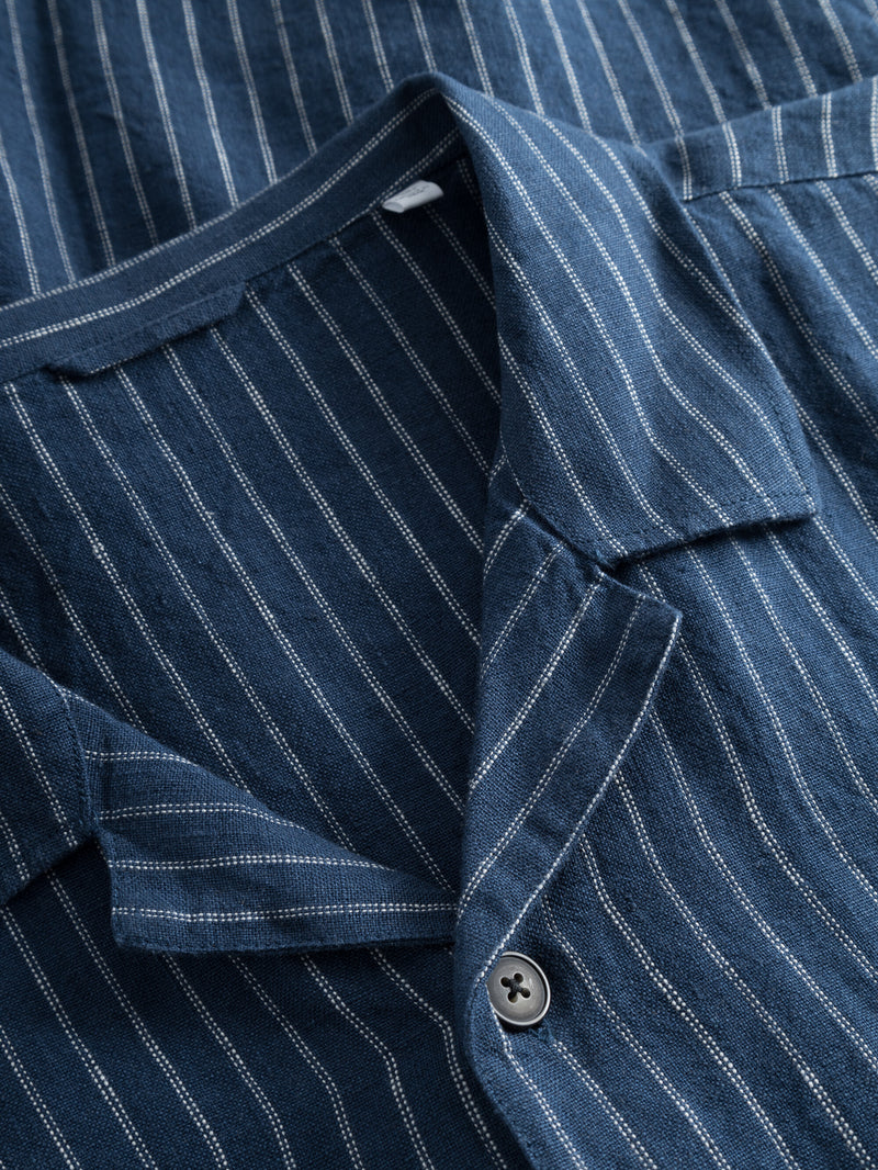 KnowledgeCotton Apparel - MEN Box fit short sleeved striped linen shirt Shirts 8010 Stripe - blue