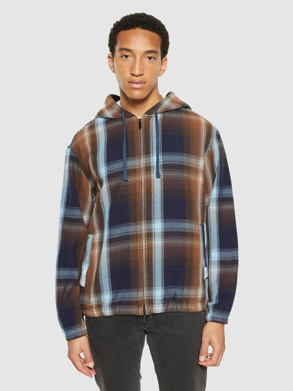 KnowledgeCotton Apparel - MEN Checked hoodie twill zipper jacket -GOTS/Vegan Jackets 7026 Brown check