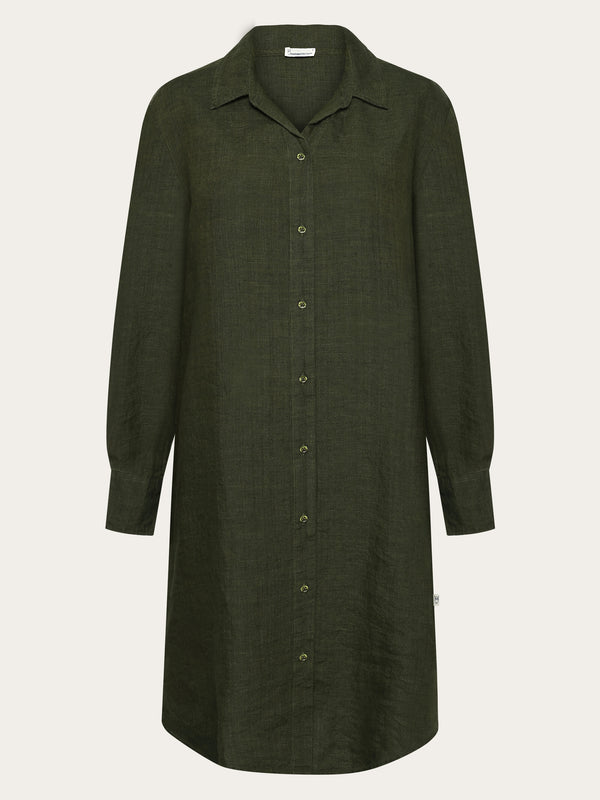 KnowledgeCotton Apparel Women's Classic Linen Dress - Burned Olive, GOTS Certified Organic KnowledgeCotton Apparel Women's Classic Linen Dress - Burned Olive, GOTS Certified Organic