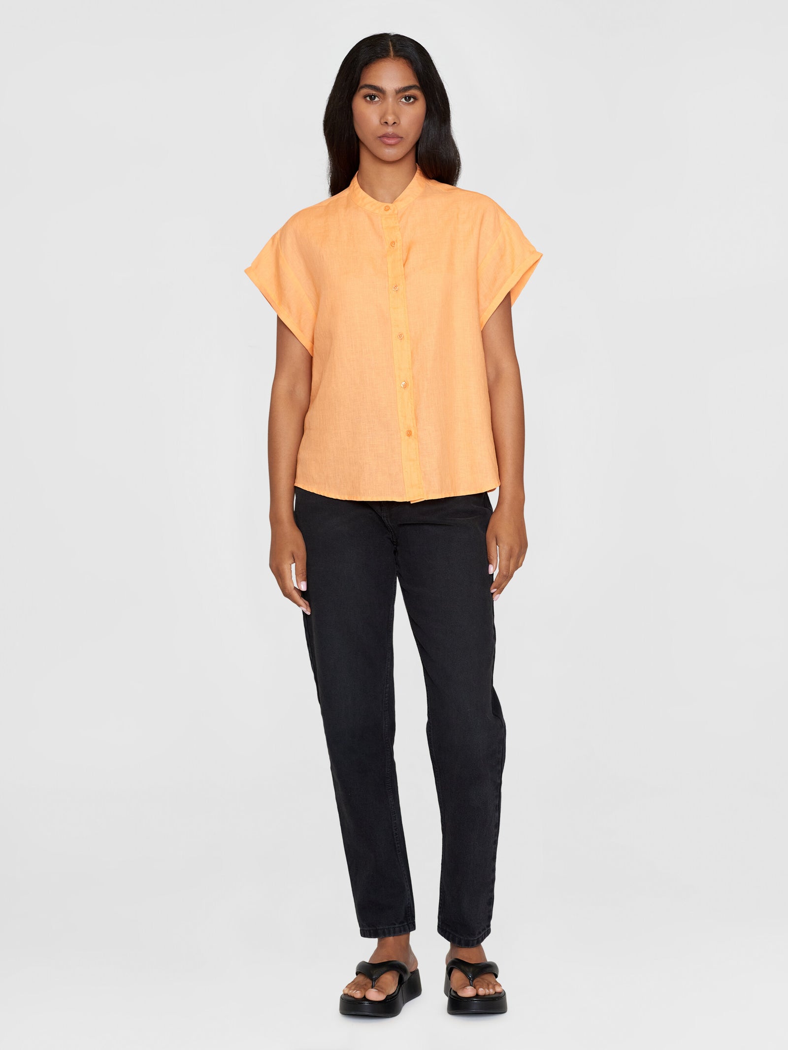 シャツ Kant Linen Short Sleeve Over Shirt (4color) Collar stand short sleeve linen shirt - Cadmium Orange