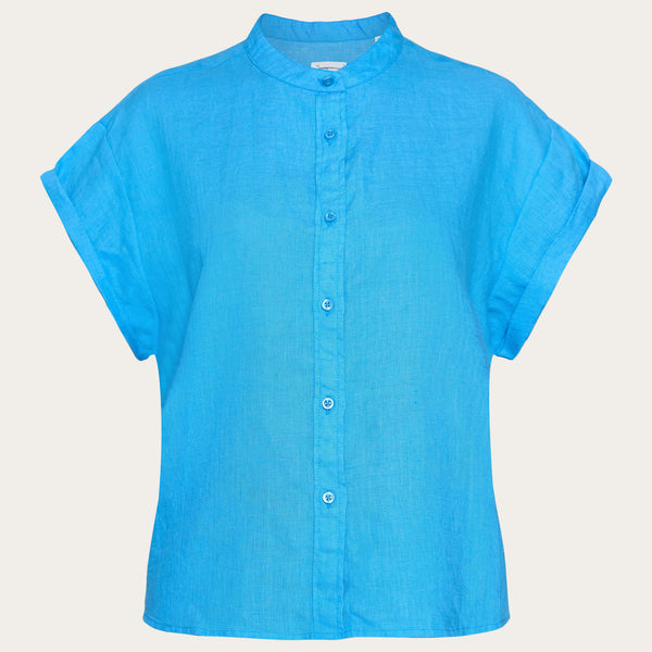 【COSYHARU】Millet Button Collar Short Sleeve Knit Collar stand short sleeve linen shirt - Malibu Blue