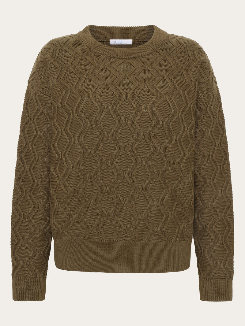 KnowledgeCotton Apparel - WMN Cotton cable crew neck - Regenerative Organic Certified® - GOTS/Vegan Knits 1100 Dark Olive
