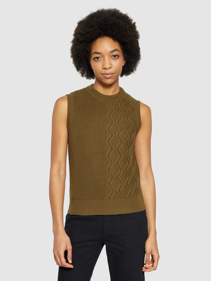 KnowledgeCotton Apparel - WMN Cotton cable crew neck vest - Regenerative Organic Certified® - GOTS/Vegan Knits 1100 Dark Olive