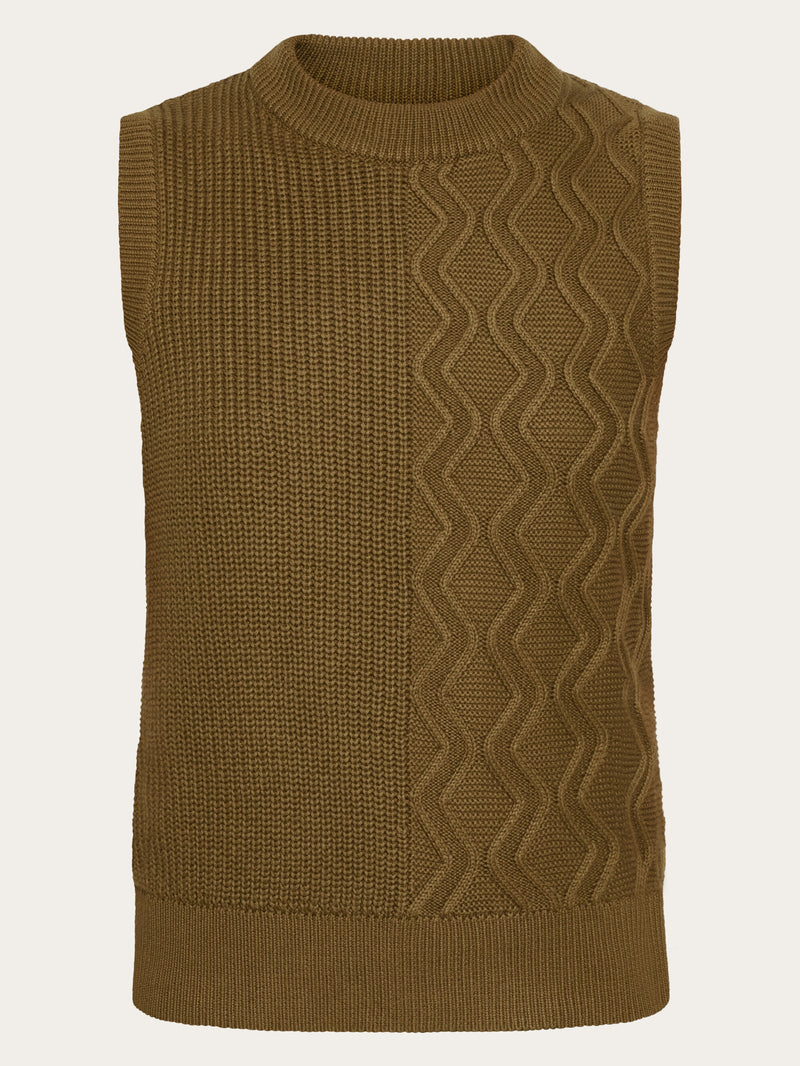 KnowledgeCotton Apparel - WMN Cotton cable crew neck vest - Regenerative Organic Certified® - GOTS/Vegan Knits 1100 Dark Olive