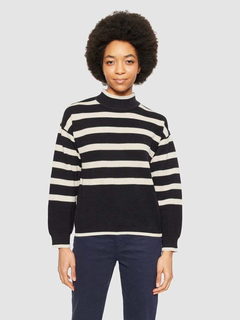 KnowledgeCotton Apparel - WMN Cotton micro bubble stripe crew neck - Regenerative Organic Certified® - GOTS/vegan Knits 8022 Black stripe