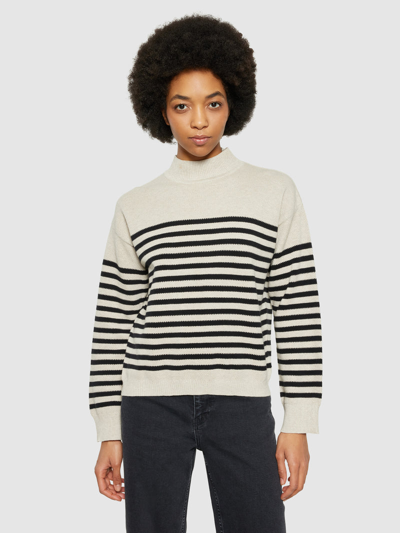 KnowledgeCotton Apparel - WMN Cotton micro bubble stripe crew neck - Regenerative Organic Certified® - GOTS/vegan Knits 8033 Creme Stripe