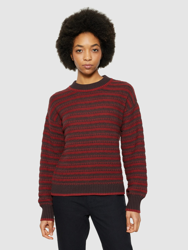 KnowledgeCotton Apparel - WMN Cotton stripe structure crew neck - Regenerative Organic Certified® - GOTS/Vegan Knits 8026 Brown stripe