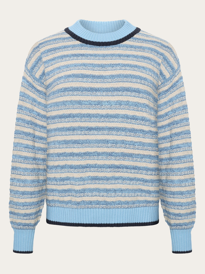 KnowledgeCotton Apparel - WMN Cotton stripe structure crew neck - Regenerative Organic Certified® - GOTS/Vegan Knits 8034 Light Blue Stripe