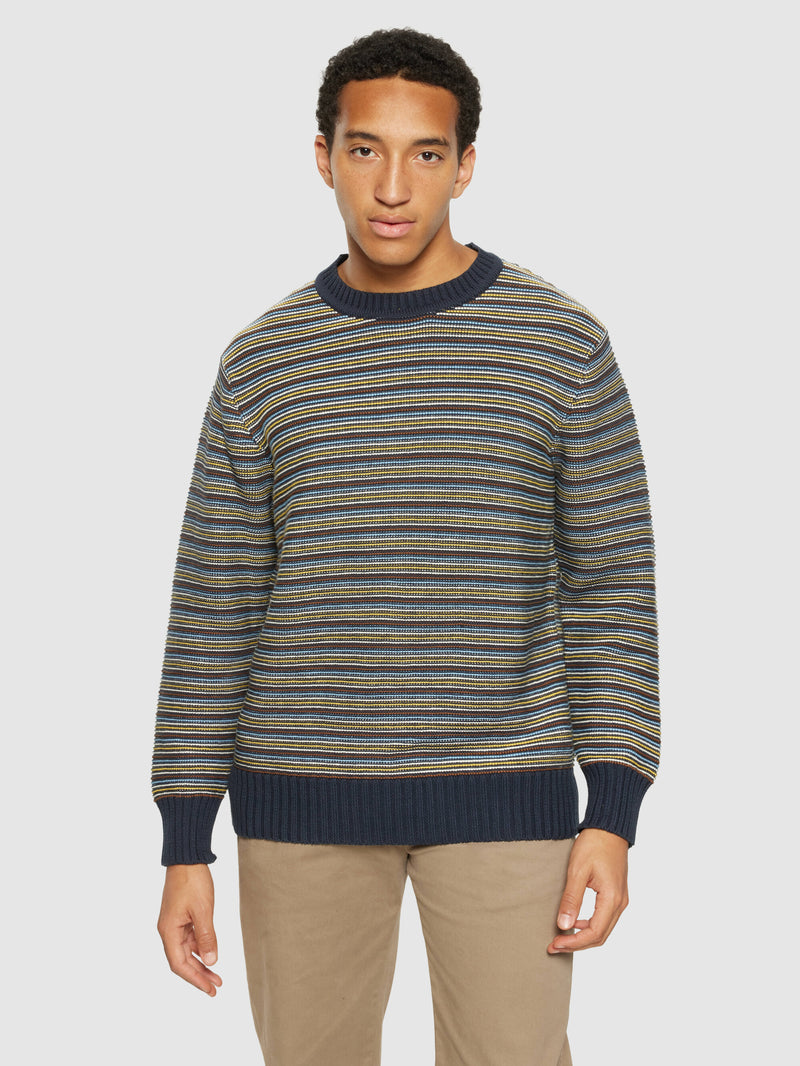 KnowledgeCotton Apparel - MEN Cotton striped knitted crew neck - GOTS/Vegan Knits 8021 Blue stripe