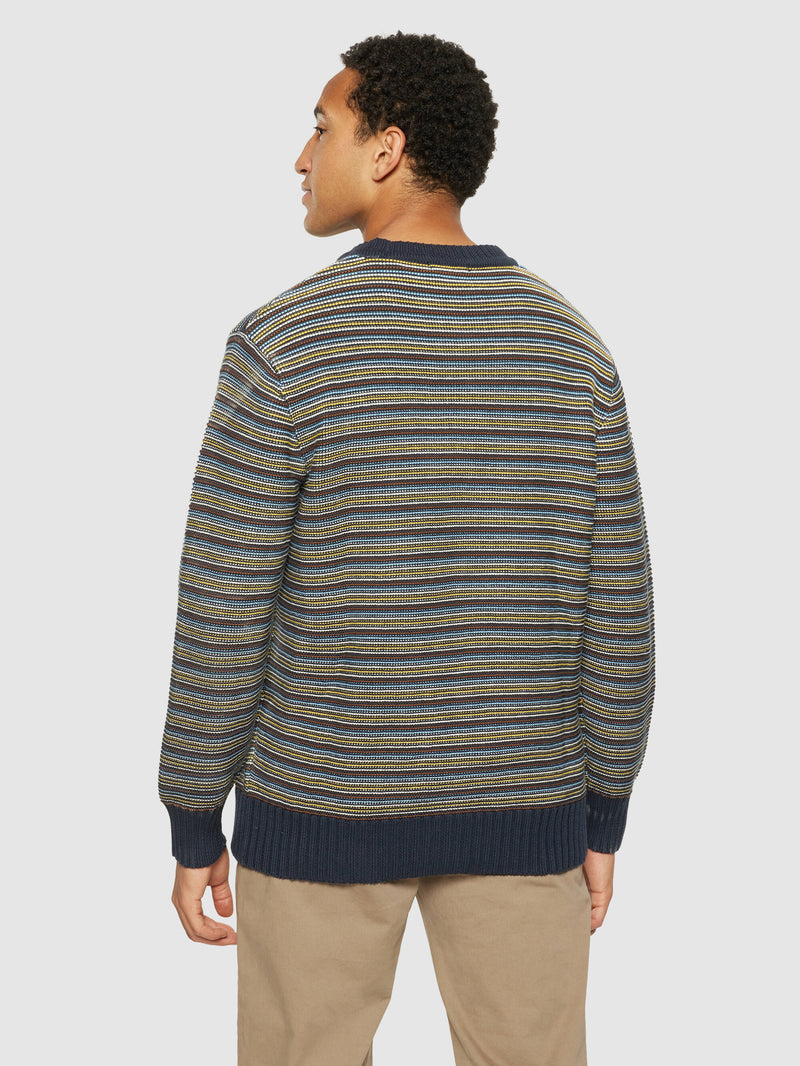 KnowledgeCotton Apparel - MEN Cotton striped knitted crew neck - GOTS/Vegan Knits 8021 Blue stripe