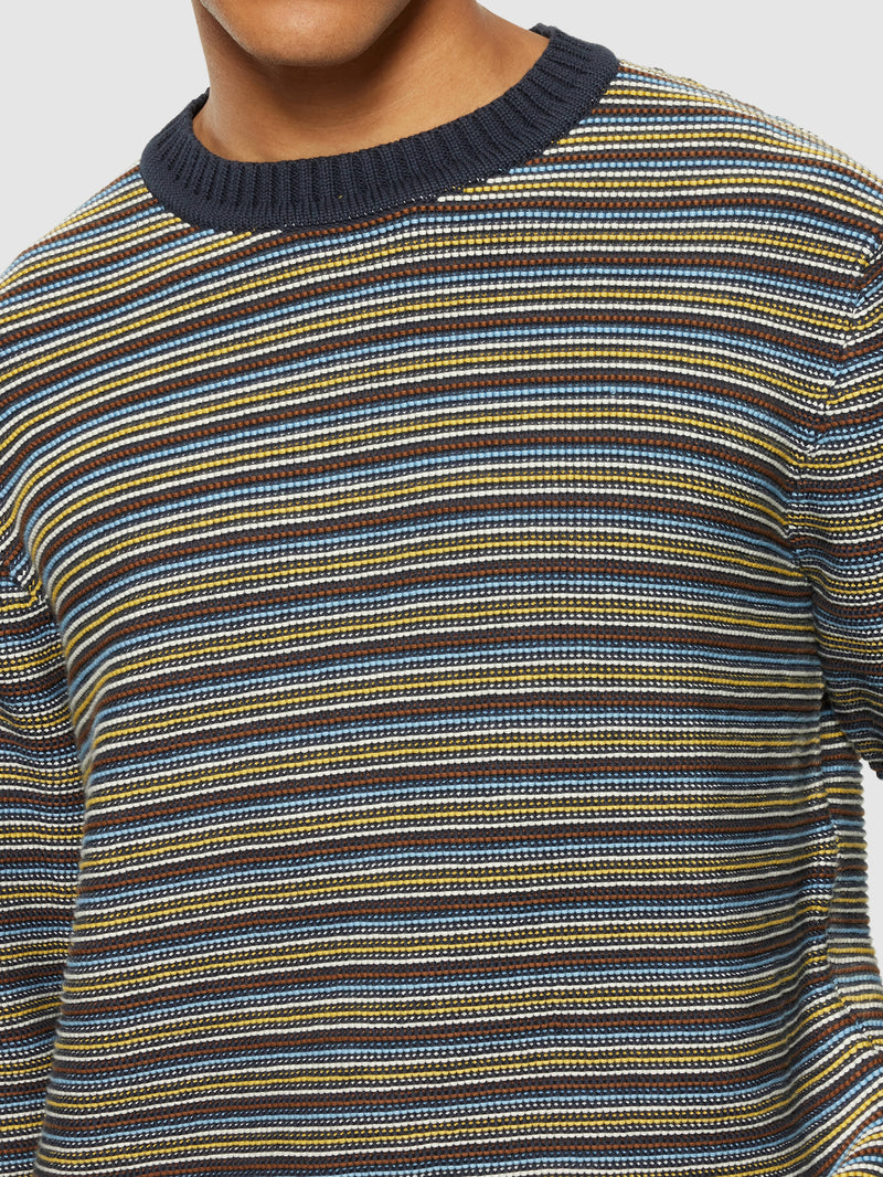 KnowledgeCotton Apparel - MEN Cotton striped knitted crew neck - GOTS/Vegan Knits 8021 Blue stripe