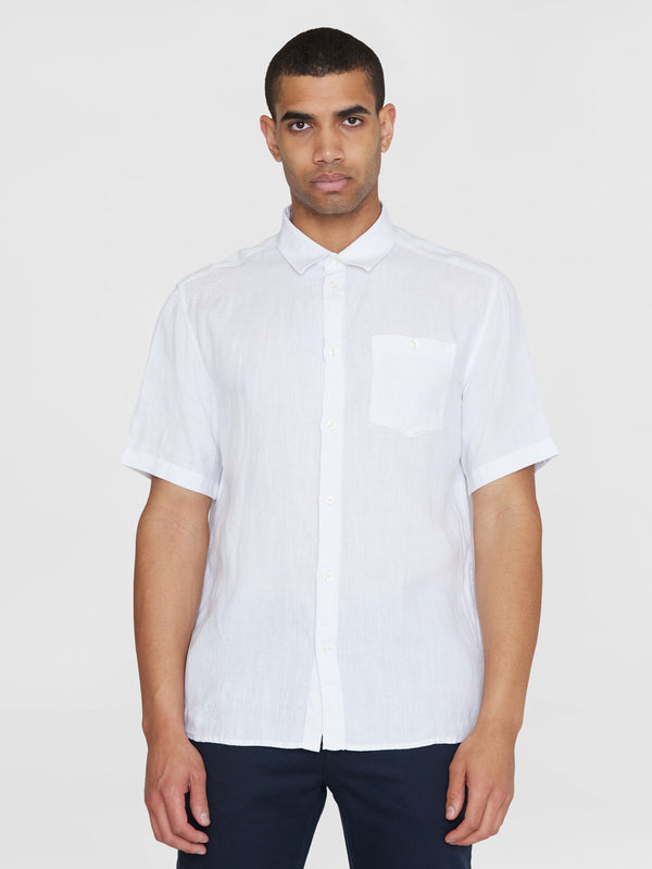 KnowledgeCotton Apparel - MEN Custom fit linen short sleeve shirt Shirts 1010 Bright White