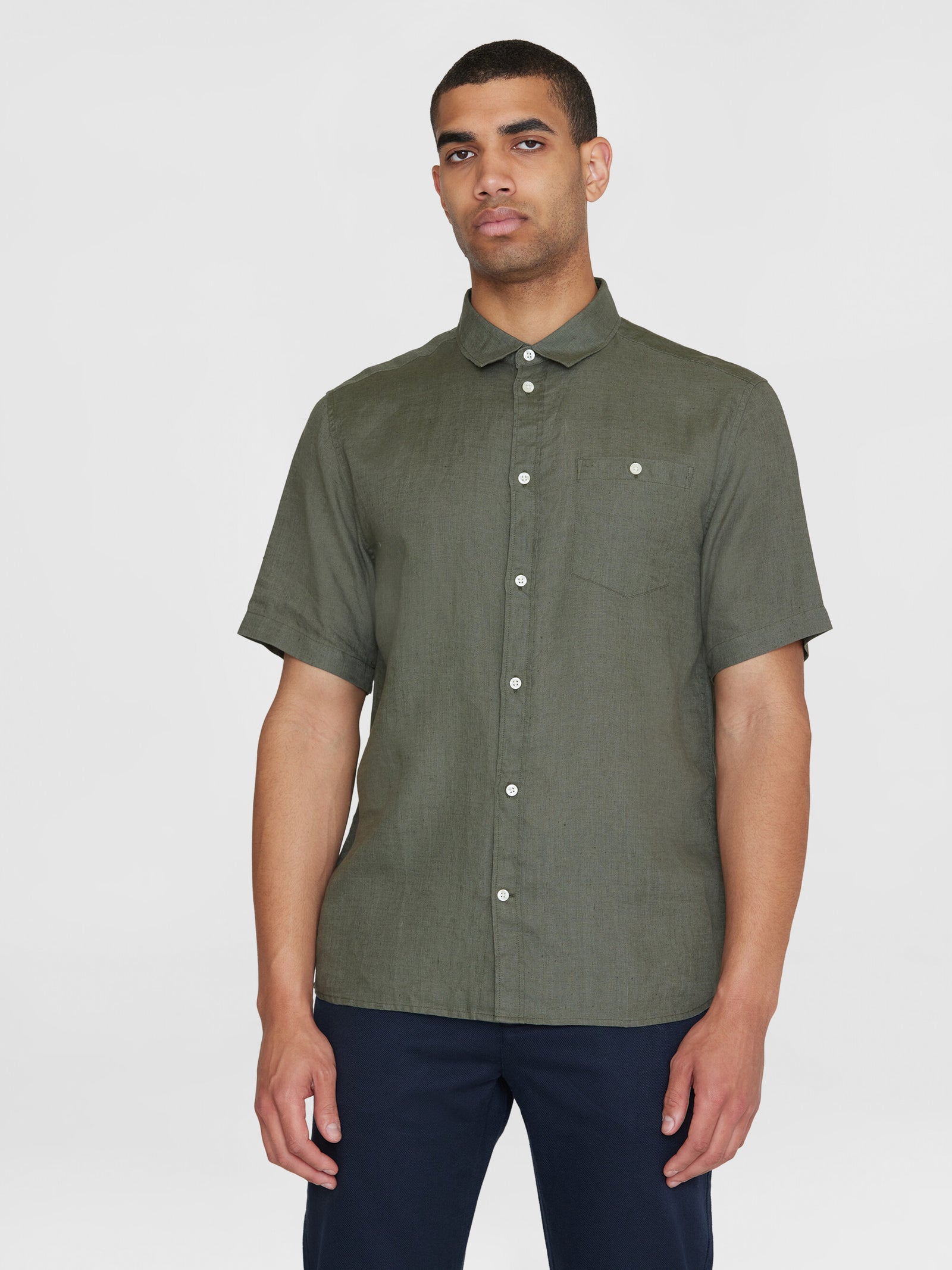 Buy Custom fit linen short sleeve shirt Burned Olive from KnowledgeCotton Apparel