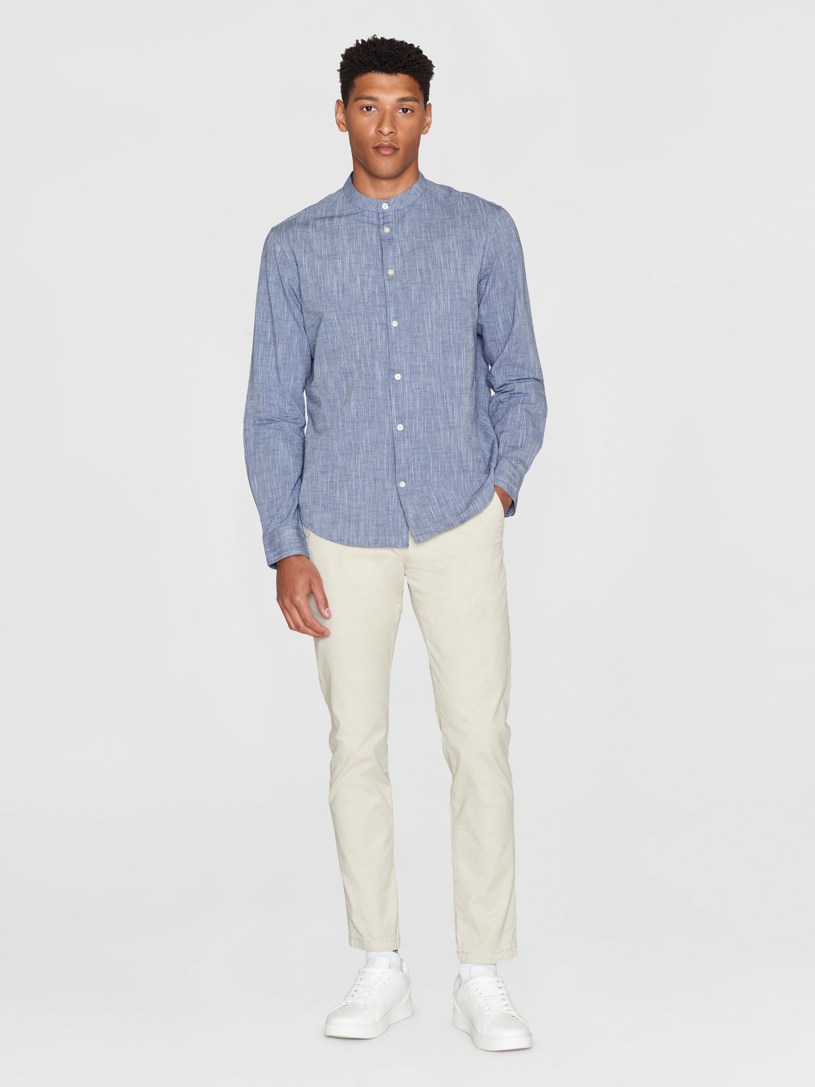 Buy Custom fit linen stand collar shirt - Total Eclipse
