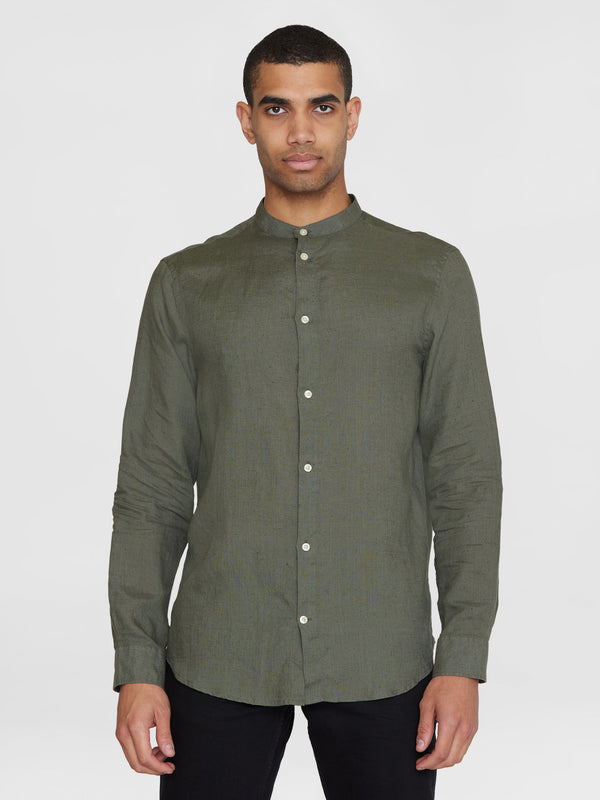 KnowledgeCotton Apparel - MEN Custom fit linen stand collar shirt Shirts 1068 Burned Olive