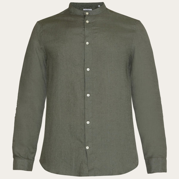 Buy Custom fit linen stand collar shirt - Burned Olive - from  KnowledgeCotton Apparel®