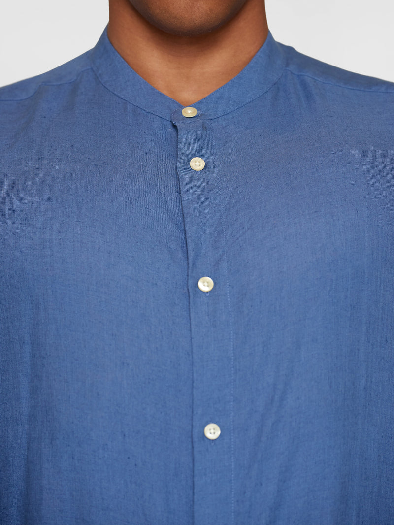 KnowledgeCotton Apparel - MEN Custom fit linen stand collar shirt Shirts 1432 Moonlight Blue