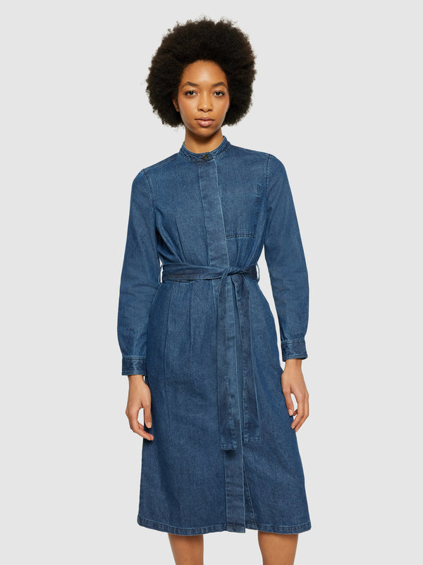 KnowledgeCotton Apparel - WMN Denim collar stand shirt dress - GOTS/Vegan Dresses 3059 Dark Blue denim