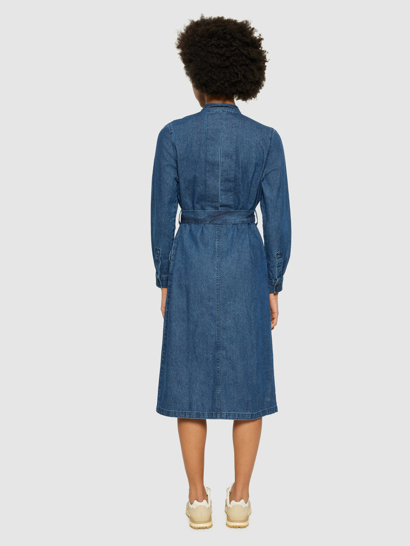 KnowledgeCotton Apparel - WMN Denim collar stand shirt dress - GOTS/Vegan Dresses 3059 Dark Blue denim
