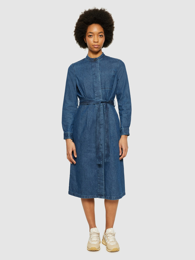 KnowledgeCotton Apparel - WMN Denim collar stand shirt dress - GOTS/Vegan Dresses 3059 Dark Blue denim