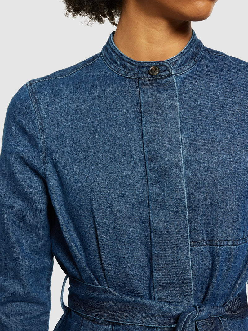 KnowledgeCotton Apparel - WMN Denim collar stand shirt dress - GOTS/Vegan Dresses 3059 Dark Blue denim