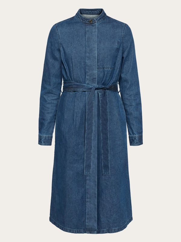 KnowledgeCotton Apparel - WMN Denim collar stand shirt dress - GOTS/Vegan Dresses 3059 Dark Blue denim