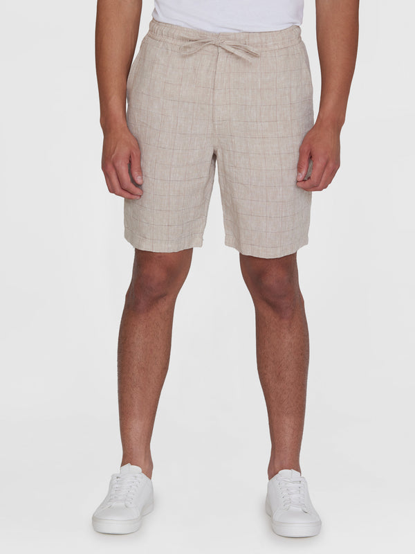 KnowledgeCotton Apparel - MEN FIG loose checked linen shorts - GOTS/Vegan Shorts 1228 Light feather gray