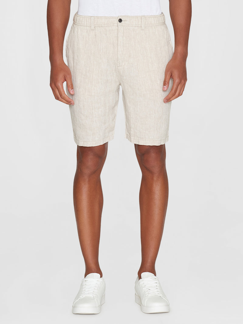 KnowledgeCotton Apparel - MEN FIG loose herringbone linen elastic waist shorts - GOTS/Vegan Shorts 1228 Light feather gray