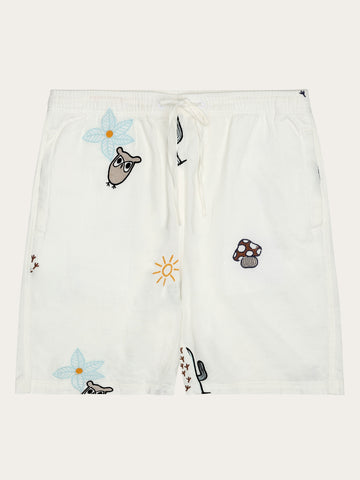 KnowledgeCotton Apparel - MEN FIG loose with embroidery shorts - GOTS/Vegan Shorts 1387 Egret